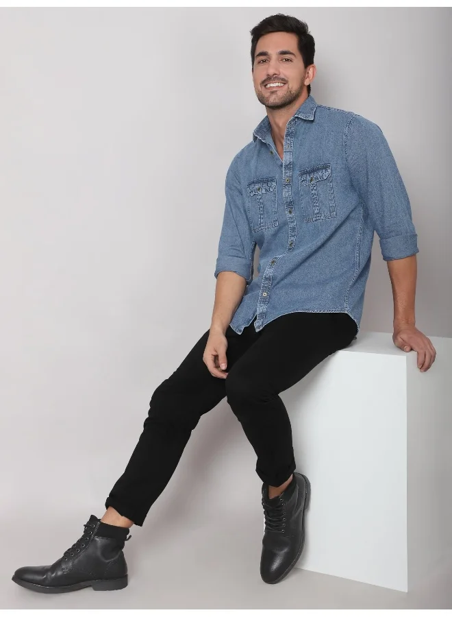 Beyoung Long Sleeve Pacific Blue Denim Shirt for Men