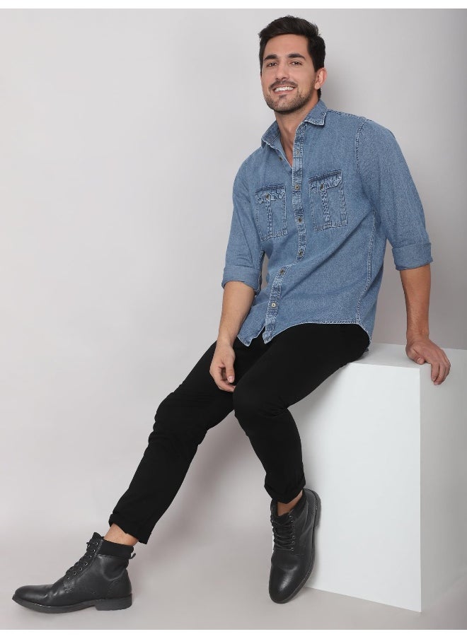 Beyoung Long Sleeve Pacific Blue Denim Shirt for Men  - Image 4
