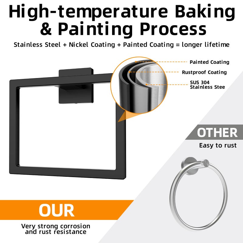 Z-TIISON Matte Black Square Towel Ring, SUS304 Stainless Steel Hand Towel Holder for Bathroom Kitchen, Modern Style Towel Hanger, Thicken Ring Towel Holder, Towel Rack Square Wall Mounted - Image 3
