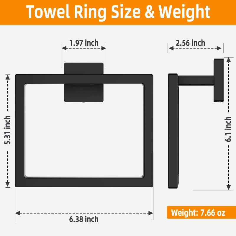 Z-TIISON Matte Black Square Towel Ring, SUS304 Stainless Steel Hand Towel Holder for Bathroom Kitchen, Modern Style Towel Hanger, Thicken Ring Towel Holder, Towel Rack Square Wall Mounted - Image 5