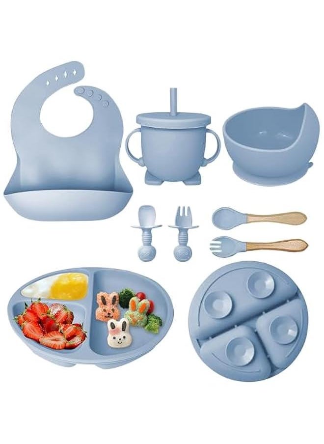 HOOKOR Baby Feeding Set, 8 Pcs Silicone Baby Led Weaning Supplies Includes Cup Baby Plate, Bowl, Adjustable Bib, Cup, Spoon and Fork,BPA Free Baby Weaning Utensils Set for 6+ Months (GrayBlue)  - Image 1