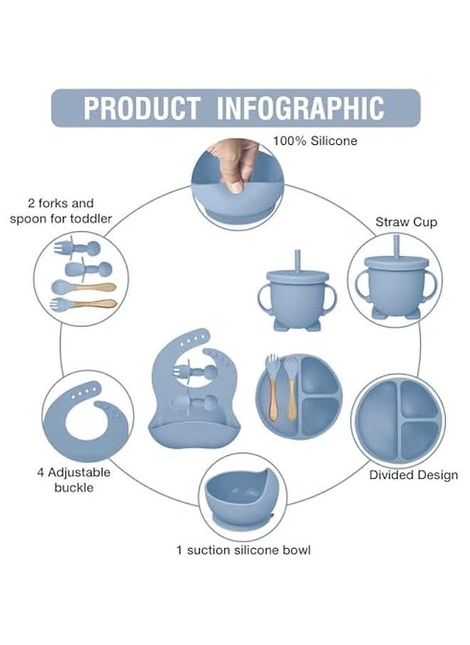 HOOKOR Baby Feeding Set, 8 Pcs Silicone Baby Led Weaning Supplies Includes Cup Baby Plate, Bowl, Adjustable Bib, Cup, Spoon and Fork,BPA Free Baby Weaning Utensils Set for 6+ Months (GrayBlue)  - Image 2