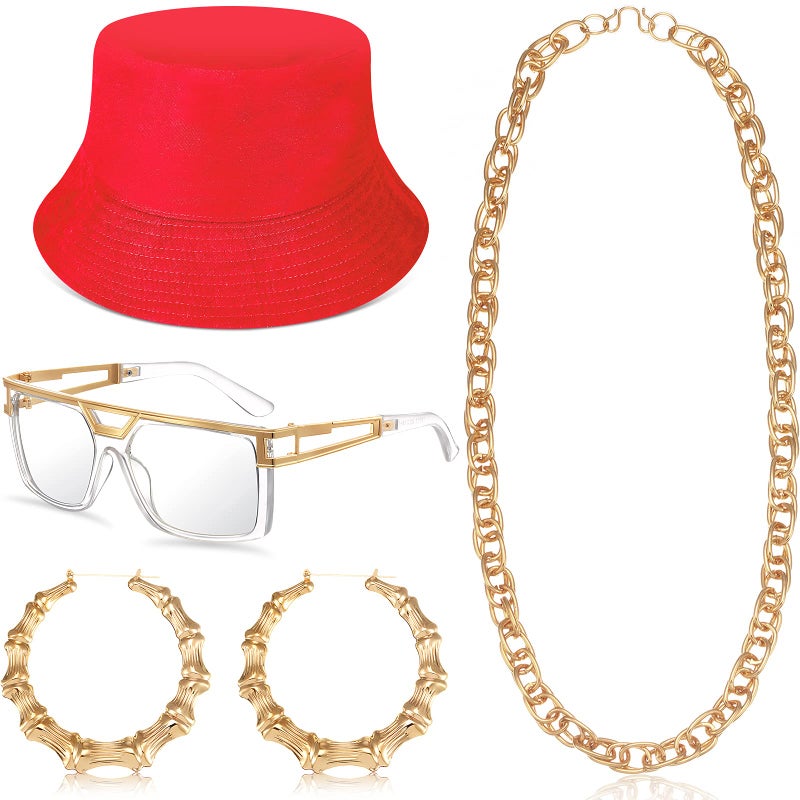 Sintege 80s 90s Outfits Accessories for Men Women Hip Hop Costume Kit,rapper Outfits Hip Hop Jewelry Set for Women Men(Red) - Image 1