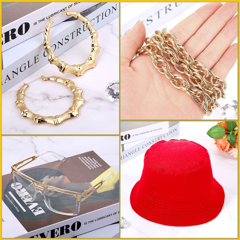 Sintege 80s 90s Outfits Accessories for Men Women Hip Hop Costume Kit,rapper Outfits Hip Hop Jewelry Set for Women Men(Red) - Image 4
