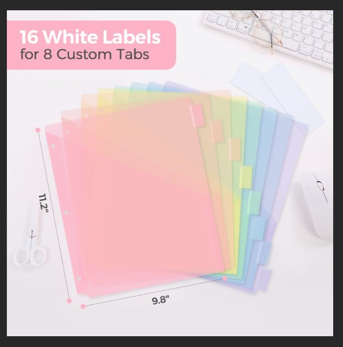Skydue Pastel Binder Dividers with Tabs and Pockets - Soft Plastic Dividers for 3 Ring Binder, Includes 16 Blank Index Labels, for School & Office Organization, Pink - Image 2
