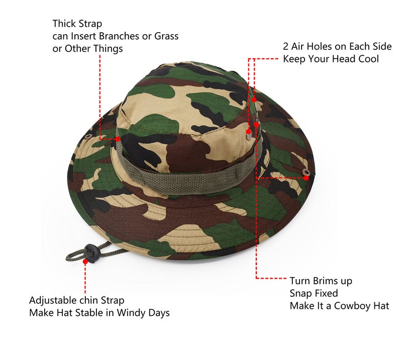 UltraKey Outdoor Wide Brim Sun Protect Hat, Classic US Combat Army Style Bush Jungle Sun Cap for Fishing Hunting Camping Green Camouflage 22 - Image 3