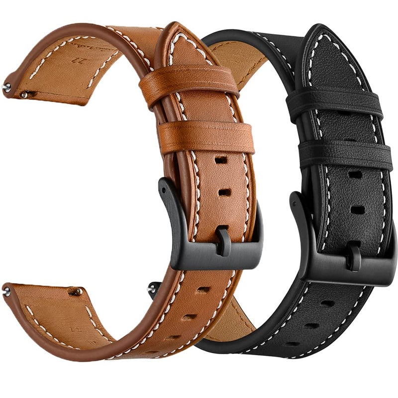 Olytop Galaxy Watch 5 Pro Bands 45mm, Galaxy Watch 7/6/4 Classic Band 46mm 43mm 42mm, Samsung Galaxy Watch 6/5/4/Acitve 2 Bands 44mm 40mm, 20mm Leather Wristband Replacement Strap Men, Black+Brown - Image 1
