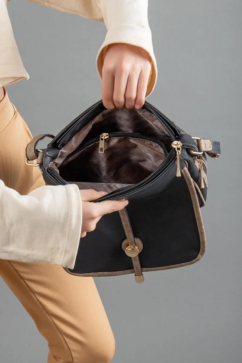 Dilimler Ayakkabı Black Mink Women's Shoulder Bag with 2 Compartments Cover and Zipper