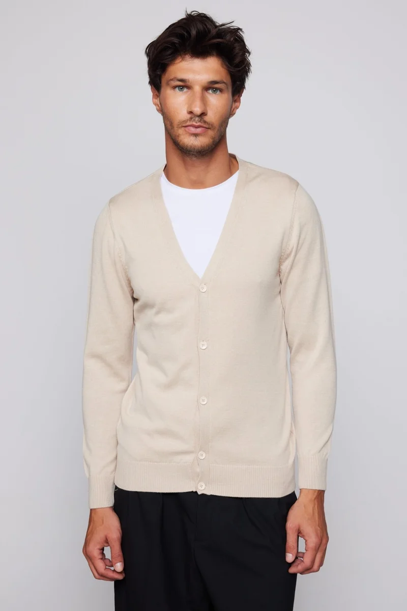 تودورس Men's Slim Fit Buttoned Plain Cotton Beige Cardigan