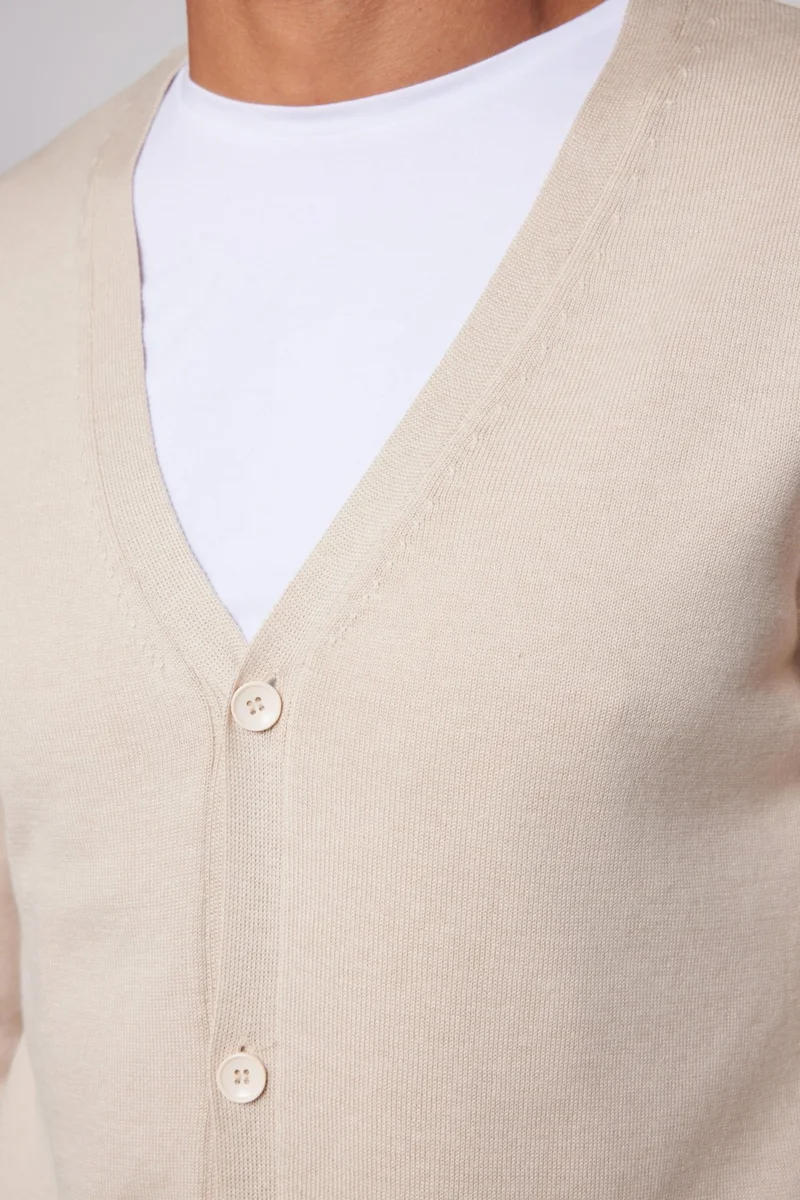 تودورس Men's Slim Fit Buttoned Plain Cotton Beige Cardigan