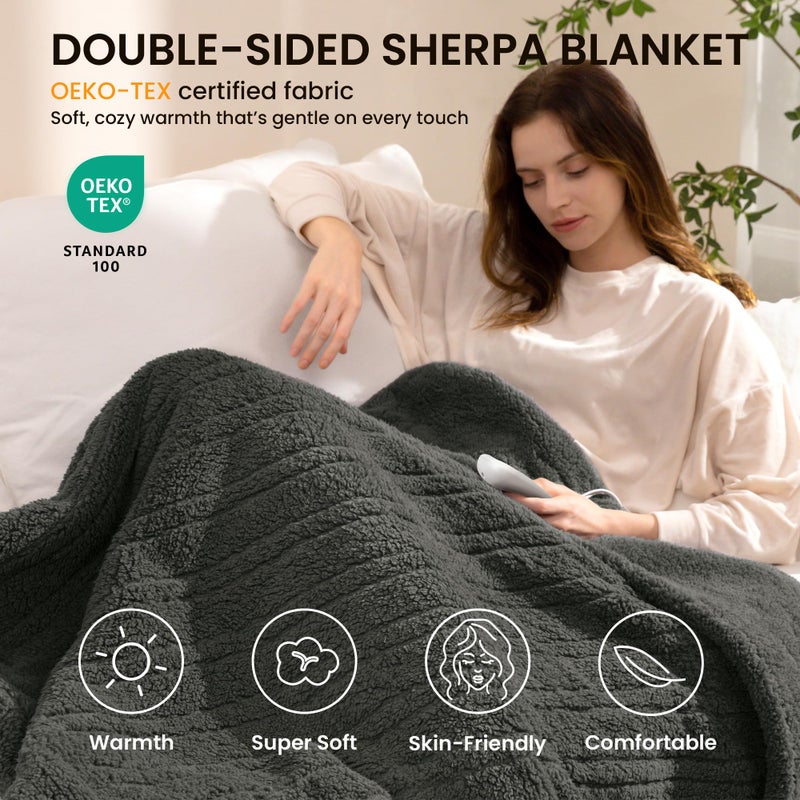 blunique Heated Blanket Electric Blanket Throw - Fast Heating Blanket Throw Double Sided Sherpa Ultra Soft Cozy with 10 Heating Levels & 2-10 Hours Auto Off, Mashine Washable, 50 x 60 Inches, Grey - Image 2