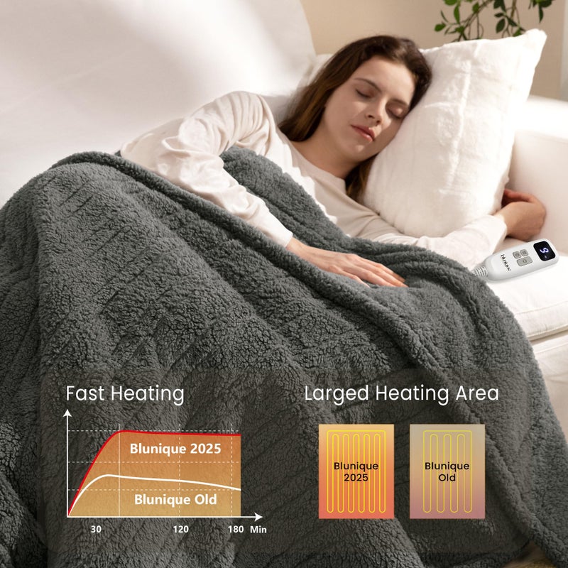 blunique Heated Blanket Electric Blanket Throw - Fast Heating Blanket Throw Double Sided Sherpa Ultra Soft Cozy with 10 Heating Levels & 2-10 Hours Auto Off, Mashine Washable, 50 x 60 Inches, Grey - Image 3