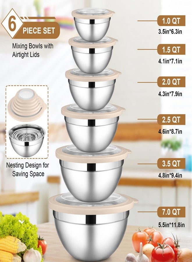 LIANYU Mixing Bowls with Visible Airtight Lids Set, 6Pcs Stainless Steel Kitchen Metal Nesting Bowls, Large Size 7, 3.5, 2.5, 2, 1.5, 1QT for Cooking, Baking, Serving, Dishwasher & Freezer Safe, Khaki - Image 2