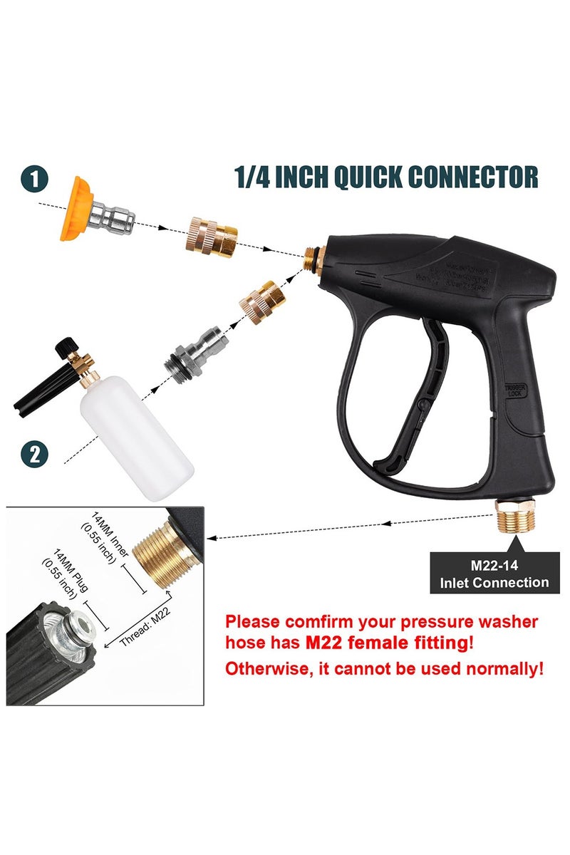 Pressure Washer Short Gun, Foam Cannon with 1/4 Inch Quick Connector, Power Washer with 5 Pressure Washer Nozzle Tips, M22-14 mm Inlet Connector - Image 4