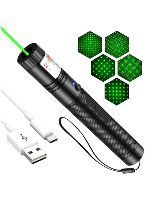 Green High Power Laser Pointer, Long Range Laser Pointer High Power Flashlight, Rechargeable Power Pointer for USB, with Star Cap Adjustable Focus Suitable for Hiking
