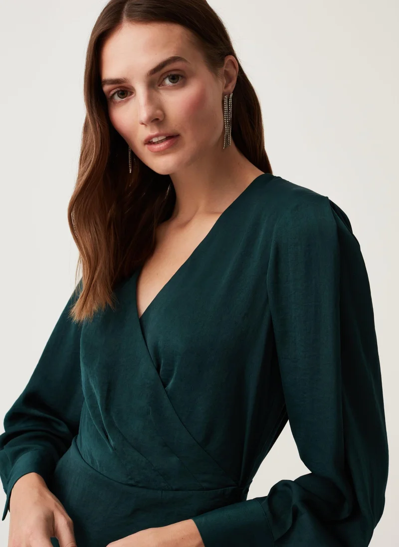 او في اس Ovs Womens Satin Dress With V Neck