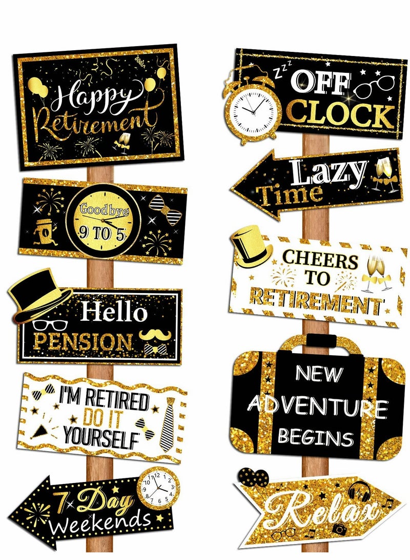 Excefore 20 Pcs Retirement Party Sign Happy Directional Retired Yard Hanging Cards for Supplies, 10 Styles (Black, Gold, White) - Image 1