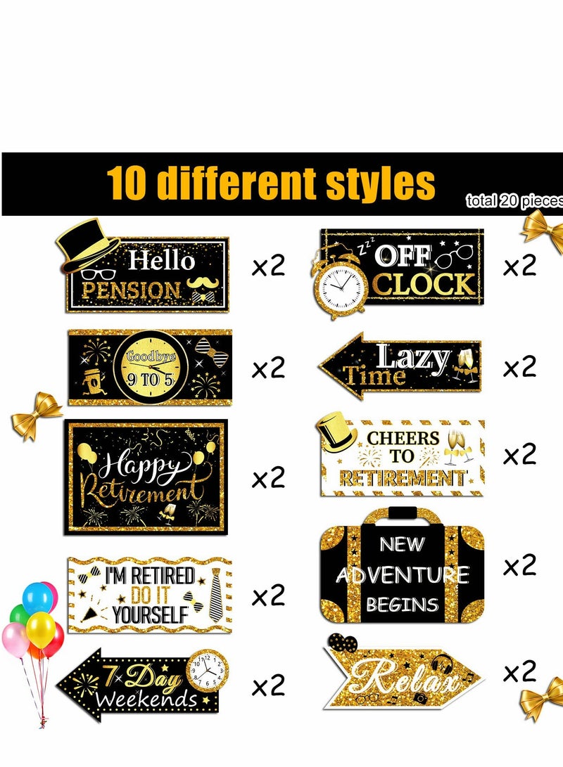 Excefore 20 Pcs Retirement Party Sign Happy Directional Retired Yard Hanging Cards for Supplies, 10 Styles (Black, Gold, White) - Image 4