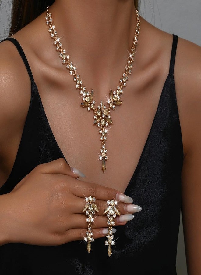 Sither Crystal Earrings Necklace Set for Women Earrings Statement Necklace Set Fashion Dressy Jewelry Set for Halloween Prom Party Christmas (gold) - Image 3