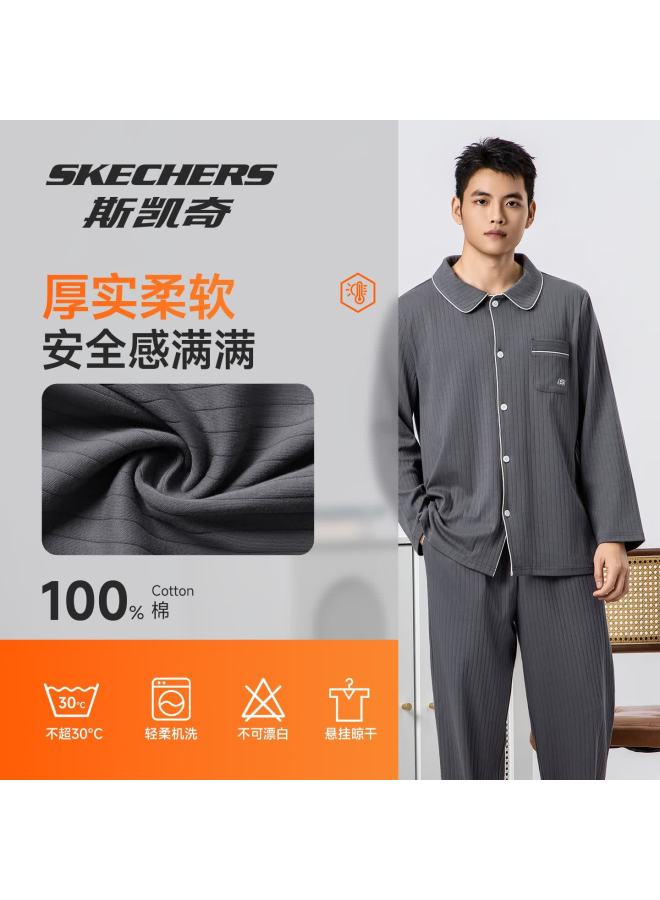 Skechers Men's 100% Cotton Autumn Winter Pajama Set Long Sleeve Cardigan With Lapel Collar And Long Pants Homewear Set