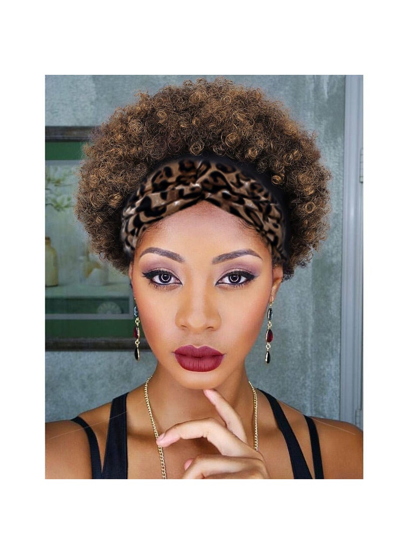 Quantum Love - Quantum Love Short Human Hair Wigs Afro Curly Human Hair Headband Wig for Black Women Afro Puff Ombre Brown Headband Glueless Human Hair Wigs - Image 1