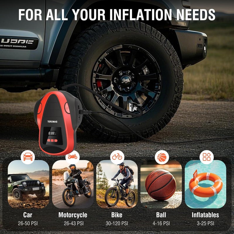 TEROMAS Tire Inflator Portable Air Compressor, Air Pump DC/AC for Car Tires 12V DC and Other Inflatables at Home 110V AC, Digital Electric Tire Pump with Pressure Gauge(Red) - Image 4