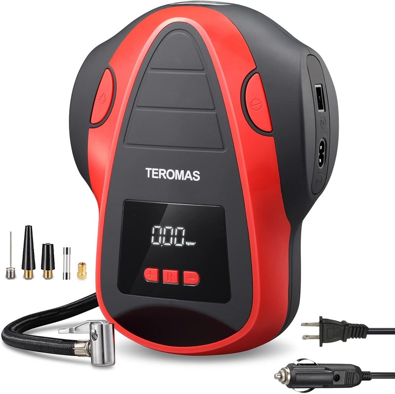 TEROMAS Tire Inflator Portable Air Compressor, Air Pump DC/AC for Car Tires 12V DC and Other Inflatables at Home 110V AC, Digital Electric Tire Pump with Pressure Gauge(Red) - Image 1