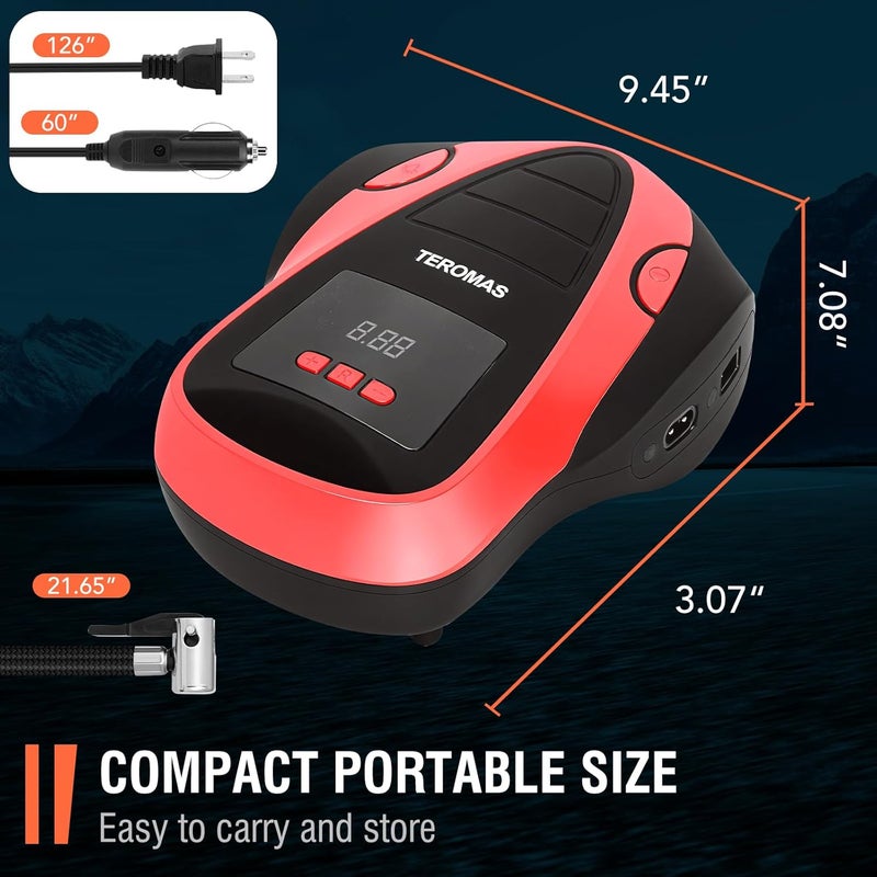 TEROMAS Tire Inflator Portable Air Compressor, Air Pump DC/AC for Car Tires 12V DC and Other Inflatables at Home 110V AC, Digital Electric Tire Pump with Pressure Gauge(Red) - Image 5