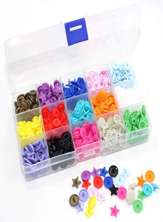BetterJonny 150 Sets KAM Snaps Star Shaped with Storage Box, BetterJonny 15-Colors Size 20 T5 Glossy Plastic Resin Fasteners Punch Poppers Closures No-Sew Buttons for Crafts Cloth - Image 1