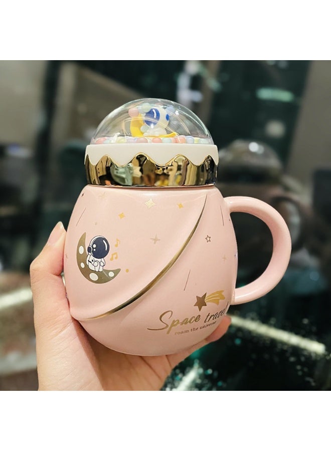Astronaut Series Space Mug with Lid and Spoon Ceramic Couple Cup Gift Set for BoyfriendRoaming Planet Cup-Powder Roaming Planet Cup-Powder 