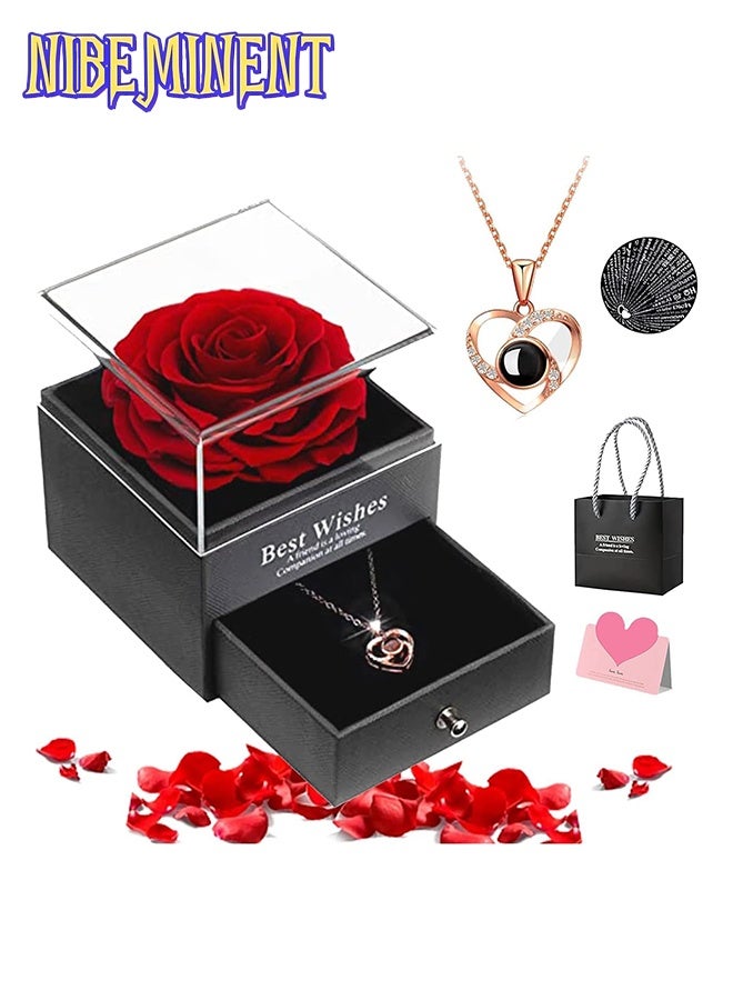 NIBEMINENT Preserved Flowers Gift Box - Forever Red Rose with I Love You Necklace for Mom/Daughter/Girlfriend/Wife on Anniversary/Wedding/Birthday/Birthday (Red) - Image 1