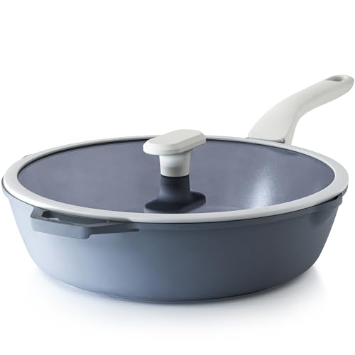 PRICUSIS Ceramic Nonstick Deep Saute Pan with Lid 12 Inch48 QT Non Toxic Pans with Double Pour Spout Helper Handle and Lid Metal Utennsil Safe Dishwasher Safe Gray