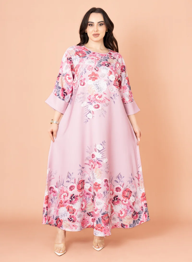 IKKXA Floral Printed Modern Jalabiya Pink