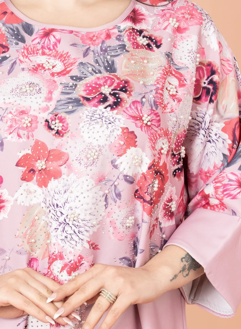 IKKXA Floral Printed Modern Jalabiya Pink