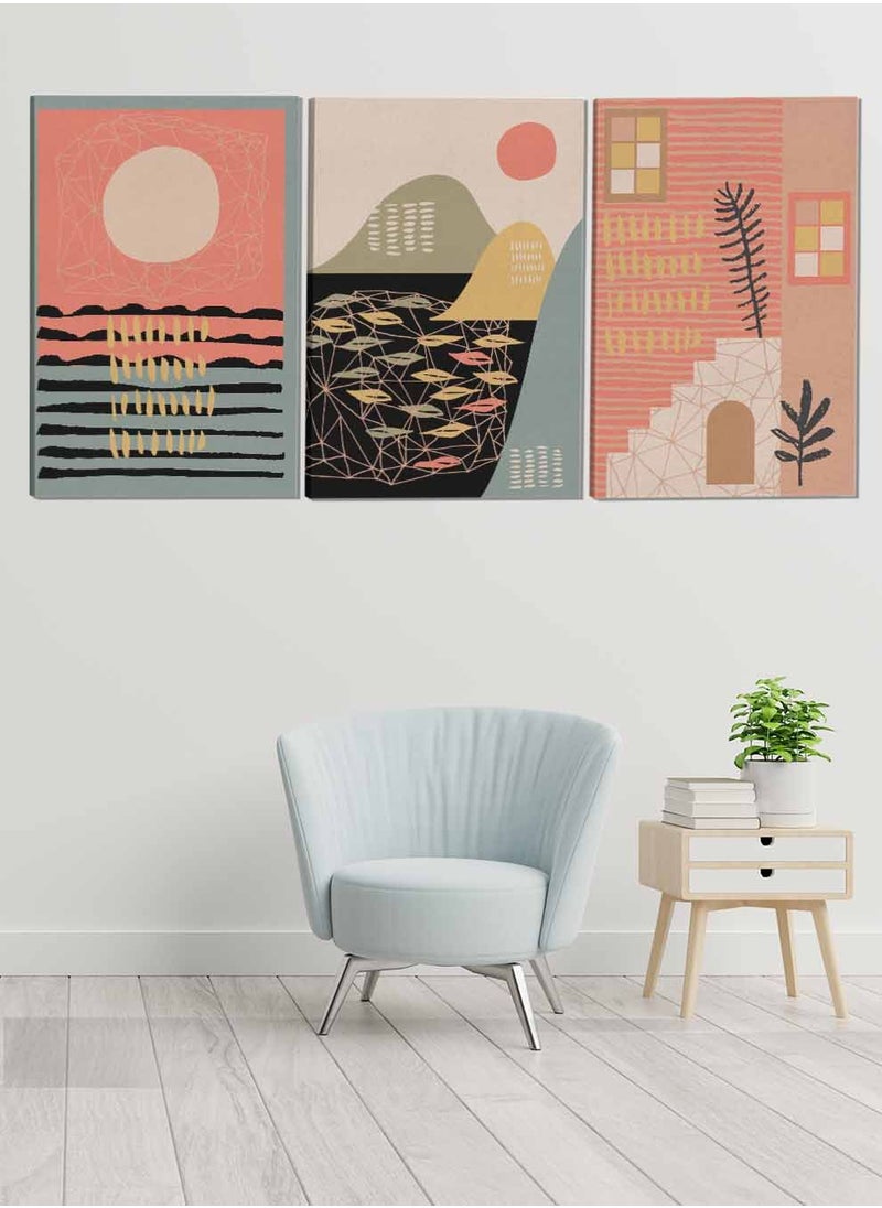 LOWHA Set Of 3 Framed Canvas Wall Arts Stretched Over Wooden Frame Boho Style Abstract Paintings For Home Living Room Office Decor  - Image 1