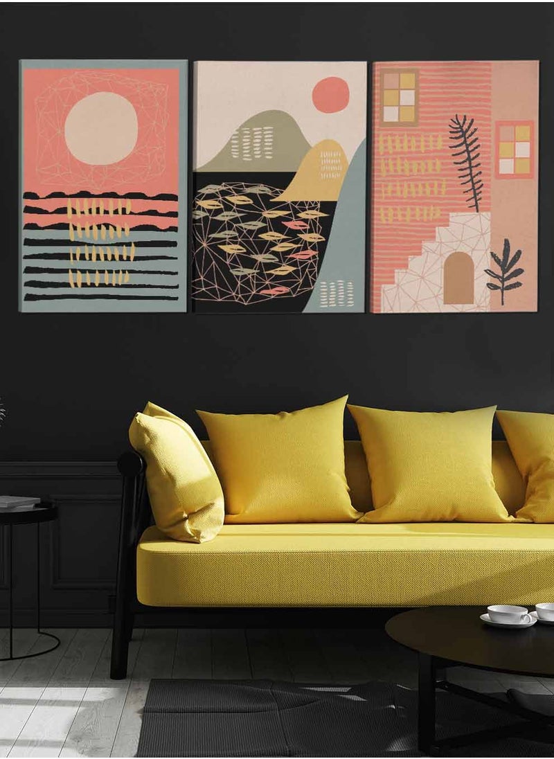 LOWHA Set Of 3 Framed Canvas Wall Arts Stretched Over Wooden Frame Boho Style Abstract Paintings For Home Living Room Office Decor  - Image 3