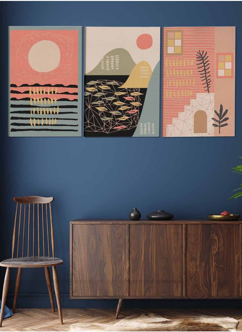 LOWHA Set Of 3 Framed Canvas Wall Arts Stretched Over Wooden Frame Boho Style Abstract Paintings For Home Living Room Office Decor  - Image 2