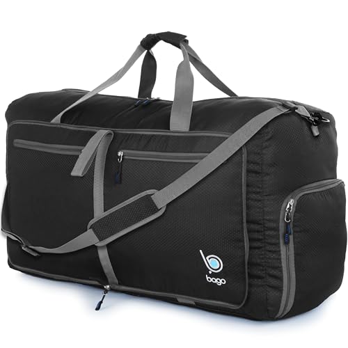 Bago Foldable Duffel Bags for Traveling Women & Men - 60L Medium Packable Duffle Bag for Travel with Shoe Compartment - Water Repellant, Heavy Duty, Lightweight Folding & Collapsible (Black) - Image 1