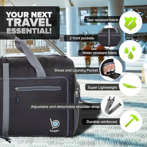 Bago Foldable Duffel Bags for Traveling Women & Men - 60L Medium Packable Duffle Bag for Travel with Shoe Compartment - Water Repellant, Heavy Duty, Lightweight Folding & Collapsible (Black) - Image 3
