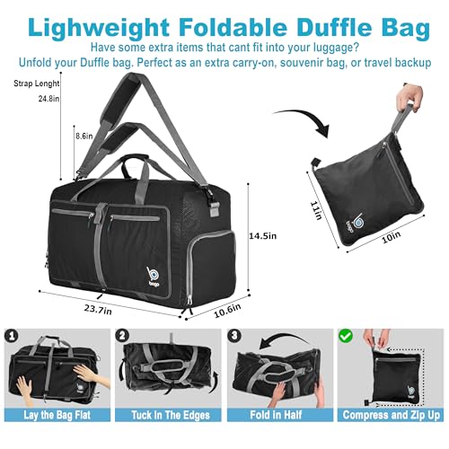 Bago Foldable Duffel Bags for Traveling Women & Men - 60L Medium Packable Duffle Bag for Travel with Shoe Compartment - Water Repellant, Heavy Duty, Lightweight Folding & Collapsible (Black) - Image 4