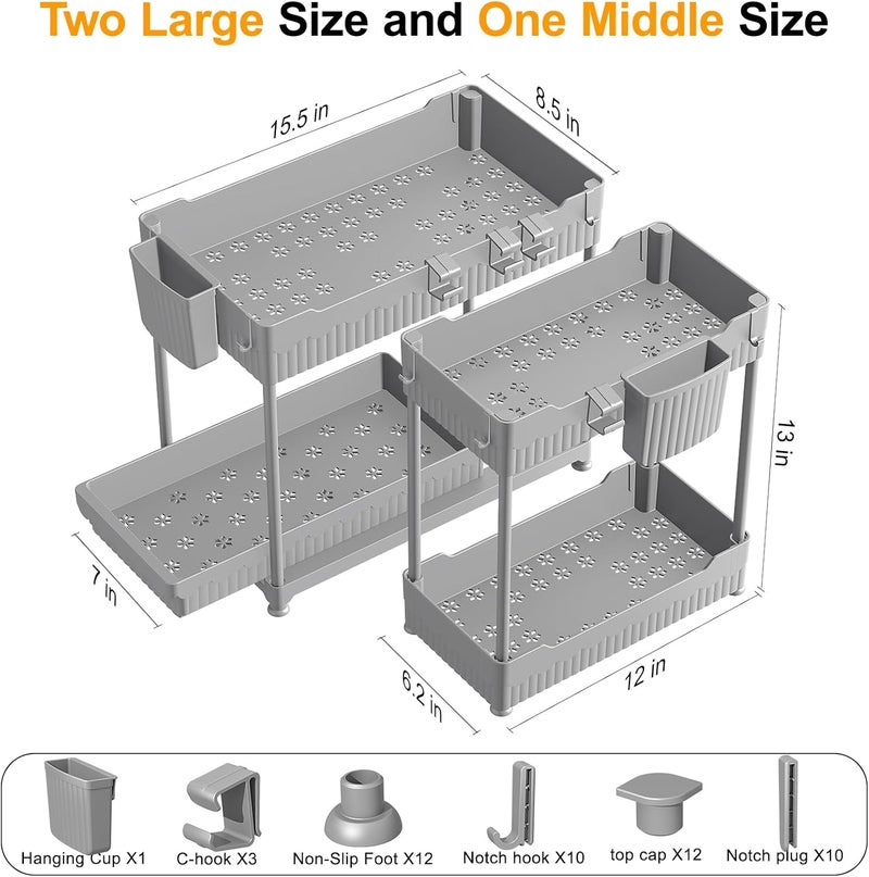 Sevenblue 3 Pack Under Sink Organizers, 2-Tier Multi-Use Kitchen and Bathroom Organizers and Storage with Sliding Drawers，Bathroom Cabinet Organizer (Gray, 12.8 Inch) - Image 4