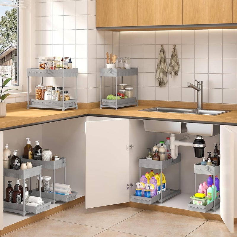 Sevenblue 3 Pack Under Sink Organizers, 2-Tier Multi-Use Kitchen and Bathroom Organizers and Storage with Sliding Drawers，Bathroom Cabinet Organizer (Gray, 12.8 Inch) - Image 2
