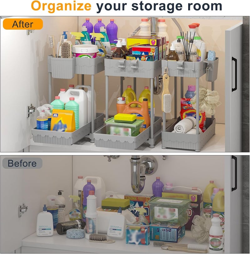 Sevenblue 3 Pack Under Sink Organizers, 2-Tier Multi-Use Kitchen and Bathroom Organizers and Storage with Sliding Drawers，Bathroom Cabinet Organizer (Gray, 12.8 Inch) - Image 3