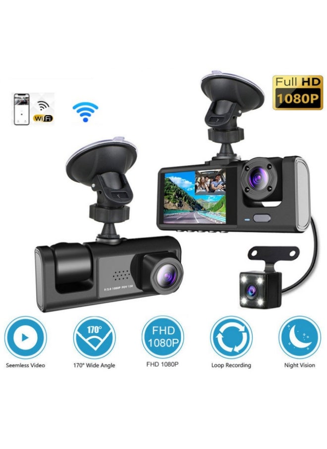 ماركة غير محددة - ثلاث كاميرات كاميرا Dash Cam الذكية Dash Cam Pro Plus بدقة 2 ميجابكسل/دقة 1 ميجابكسل/شبكة واي فاي مجانية/مراقبة وقوف السيارات على مدار 24 ساعة/زاوية رؤية عريضة 170 درجة - Image 1