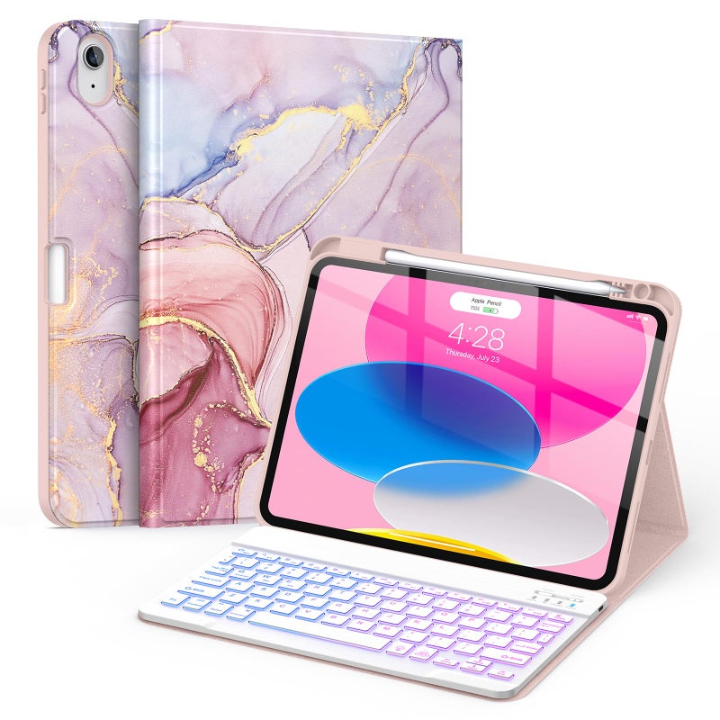 حافظة Soke لجهاز iPad A16 الجيل 11 و10 مع لوحة مفاتيح 202520227 إضاءة خلفية ملونة لاسلكية قابلة للفصل مع حامل قلم مدمج لجهاز iPad 11 بوصة 109 إنش رخام أحلامي