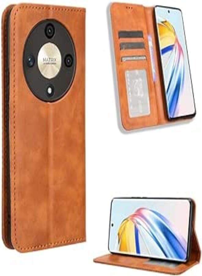 FASHION MANIA Case for Honor X9b 5G, PU Leather Magnetic Wallet Case Card Slots Kickstand Flip Shockproof Protective Cover (Brown) 