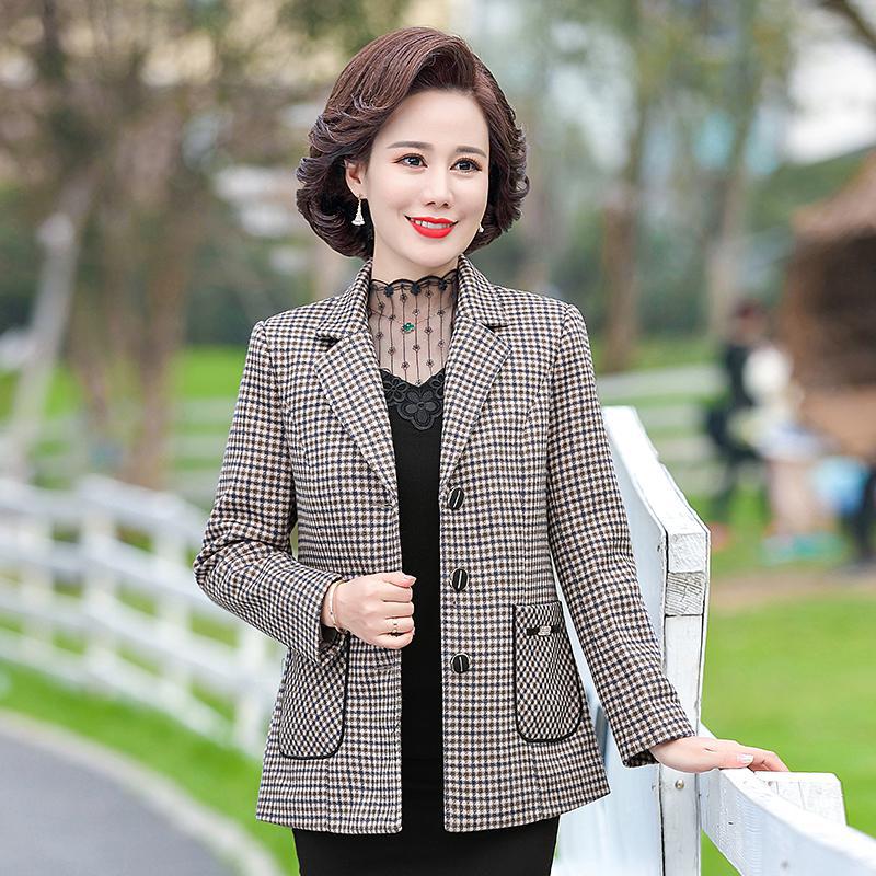 Mom spring and autumn clothing Chanel style woolen coat middle-aged and elderly womens clothing Western style small suit 50-year-old plaid cardigan top Gray