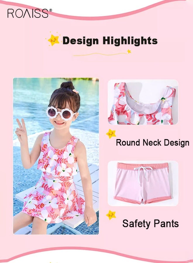 roaiss Girls 2PCS Tankini Swimsuit, Floral Swimming Dress with Drawstring Shorts, Stylish Summer Bathing Suit, Beach Rash Guard Swimwear - Image 4