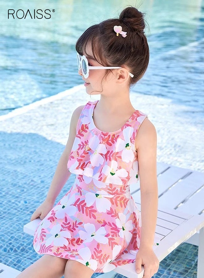 roaiss Girls 2PCS Tankini Swimsuit, Floral Swimming Dress with Drawstring Shorts, Stylish Summer Bathing Suit, Beach Rash Guard Swimwear - Image 3