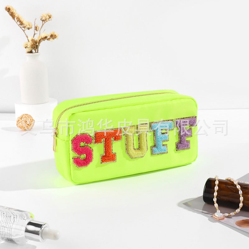 Factory Direct Supply Fashion Solid Color Towel Embroidered Nylon Letter Cosmetic Bag Womens Casual Waterproof Large Capacity Storage BagFluorescent Green (STUFF) Fluorescent Green (STUFF)